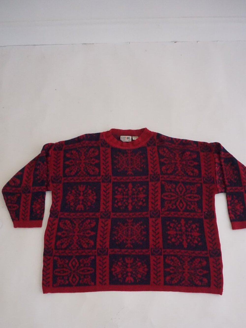 Vintage Stefano Red Navy Snowflake Fair Isle Nordic Christmas Knit Sweater 1X